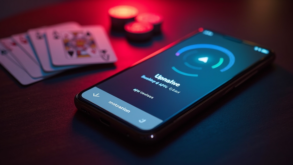 Android phone updating a casino app in a dark atmospheric casino scene