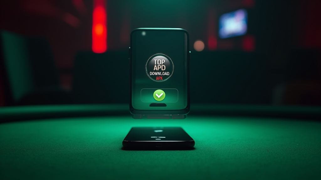 Android phone showing a casino app APK download screen in a dark casino setting