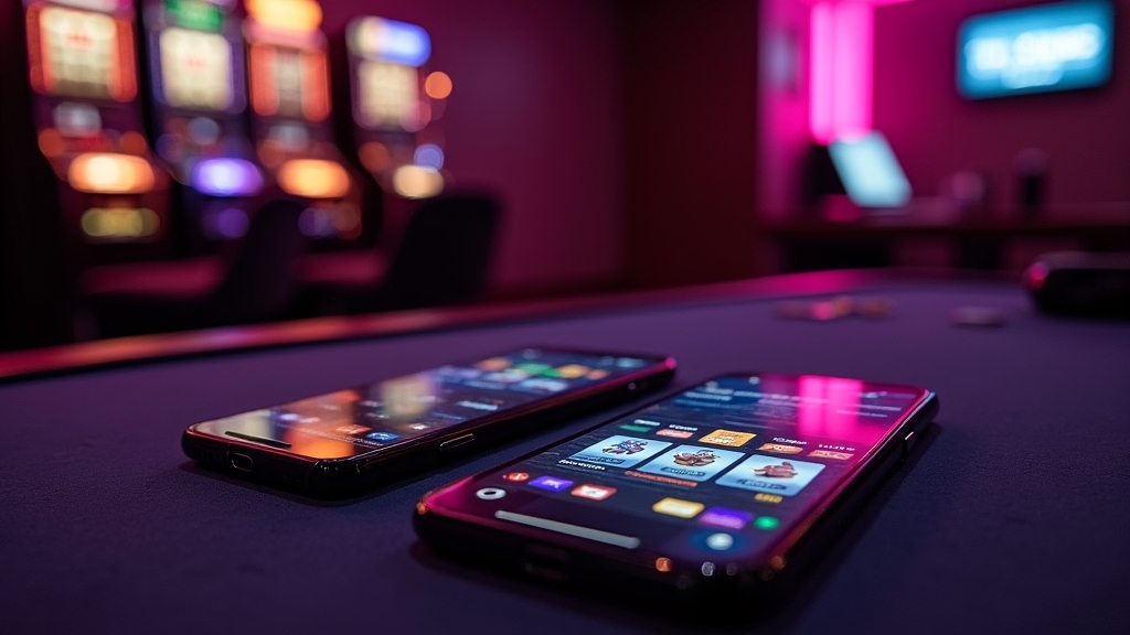 Two Android phones in a casino setting showing app features and device support