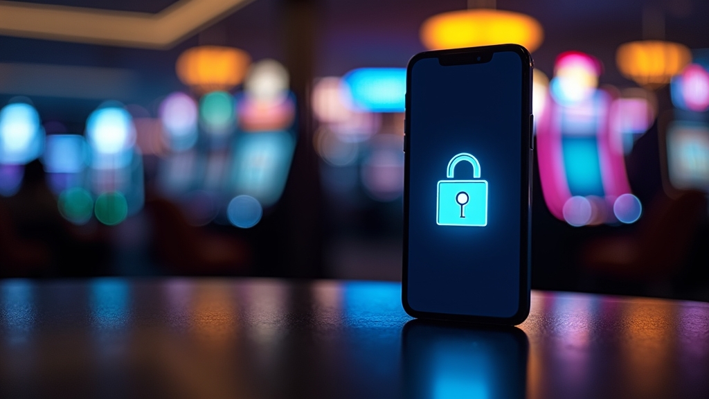 Smartphone login screen with a security lock in a dark casino atmosphere
