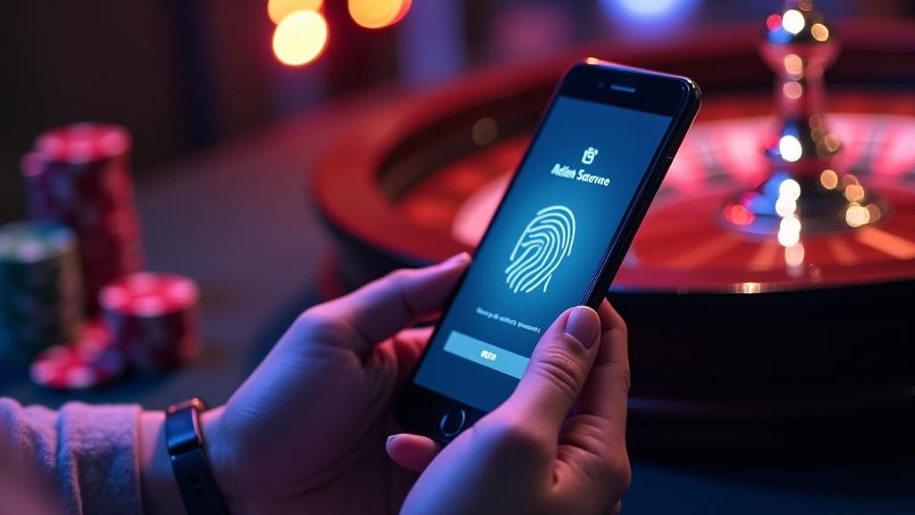 A smartphone showing a secure casino login screen in a dark scene