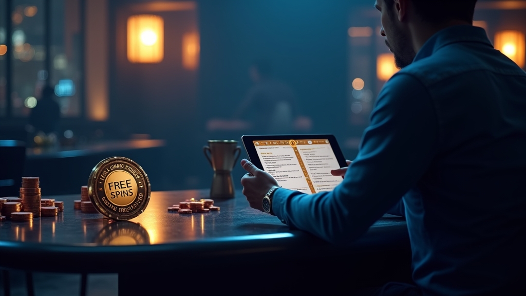 No-deposit bonus display with free spins badge and terms screen in a dark casino setting