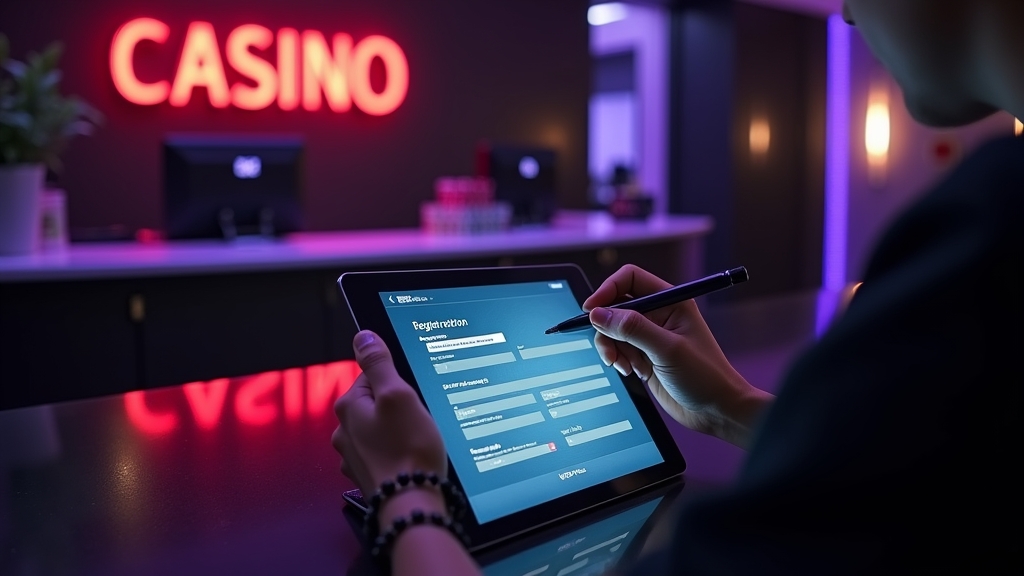 A casino registration form displayed on a tablet in a dark setting