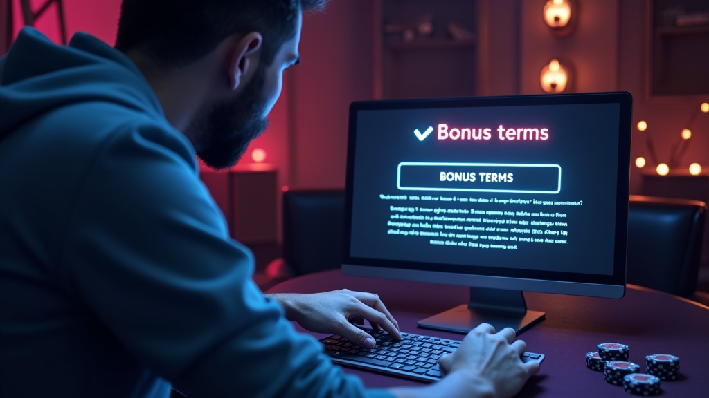 Player checking bonus terms and code safety in a dark casino scene