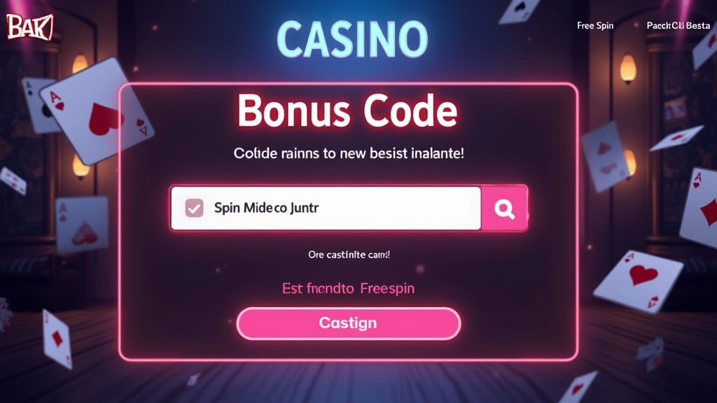 Casino welcome offer screen with a bonus code field and glowing promotional cards